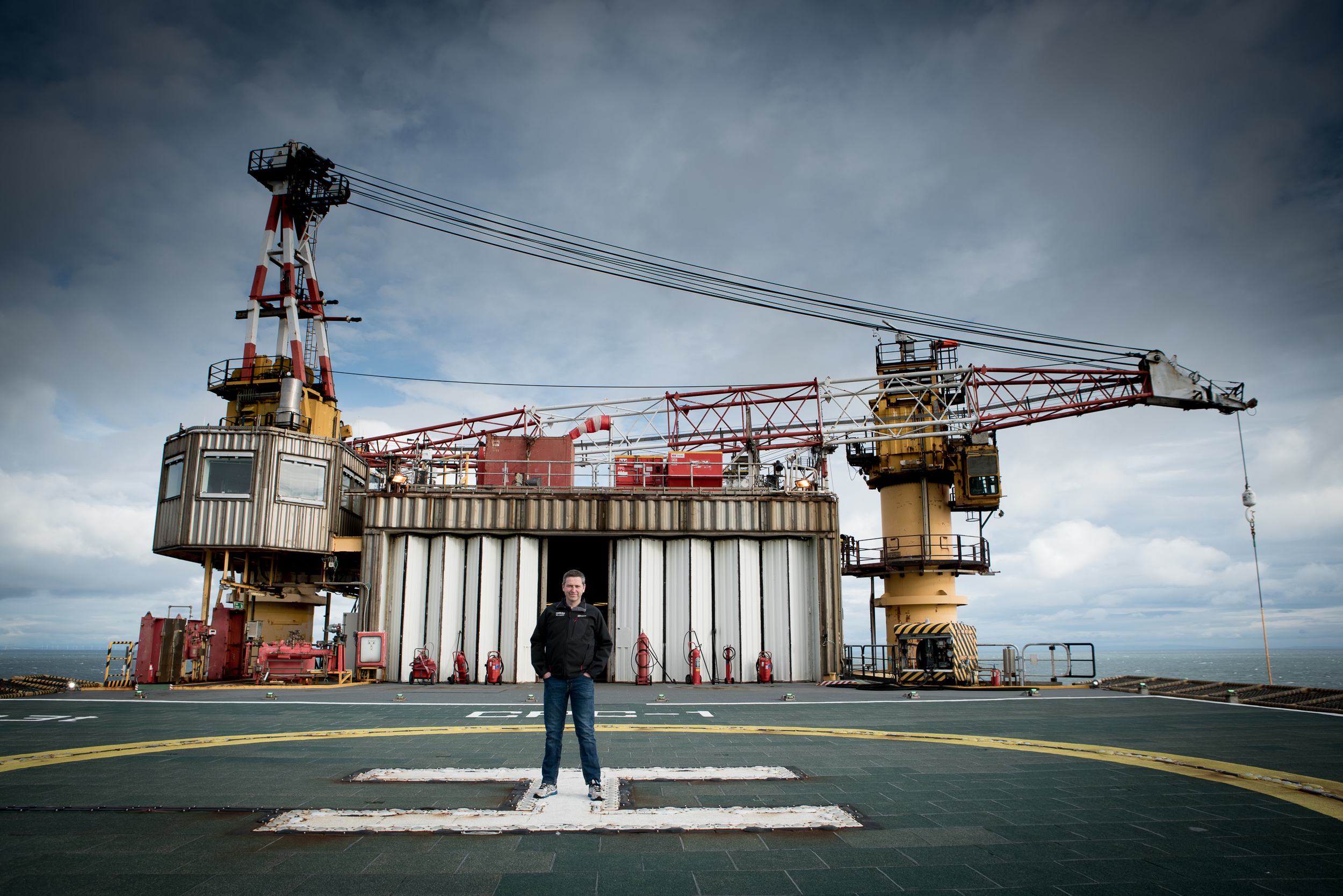 Offshore medic Norman Todd on the heli deck of the Morecambe Bay Gas Rig