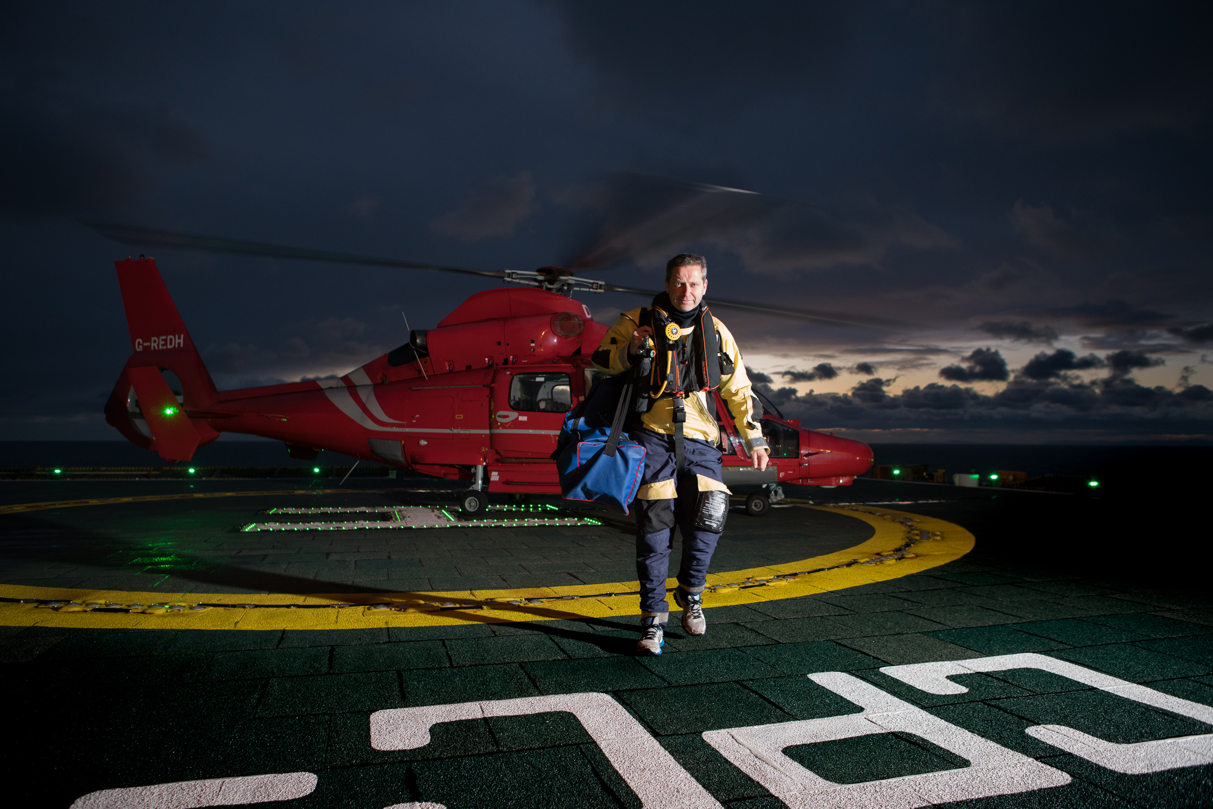 Offshore medic Norman Todd on the heli deck of the Morecambe Bay Gas Rig