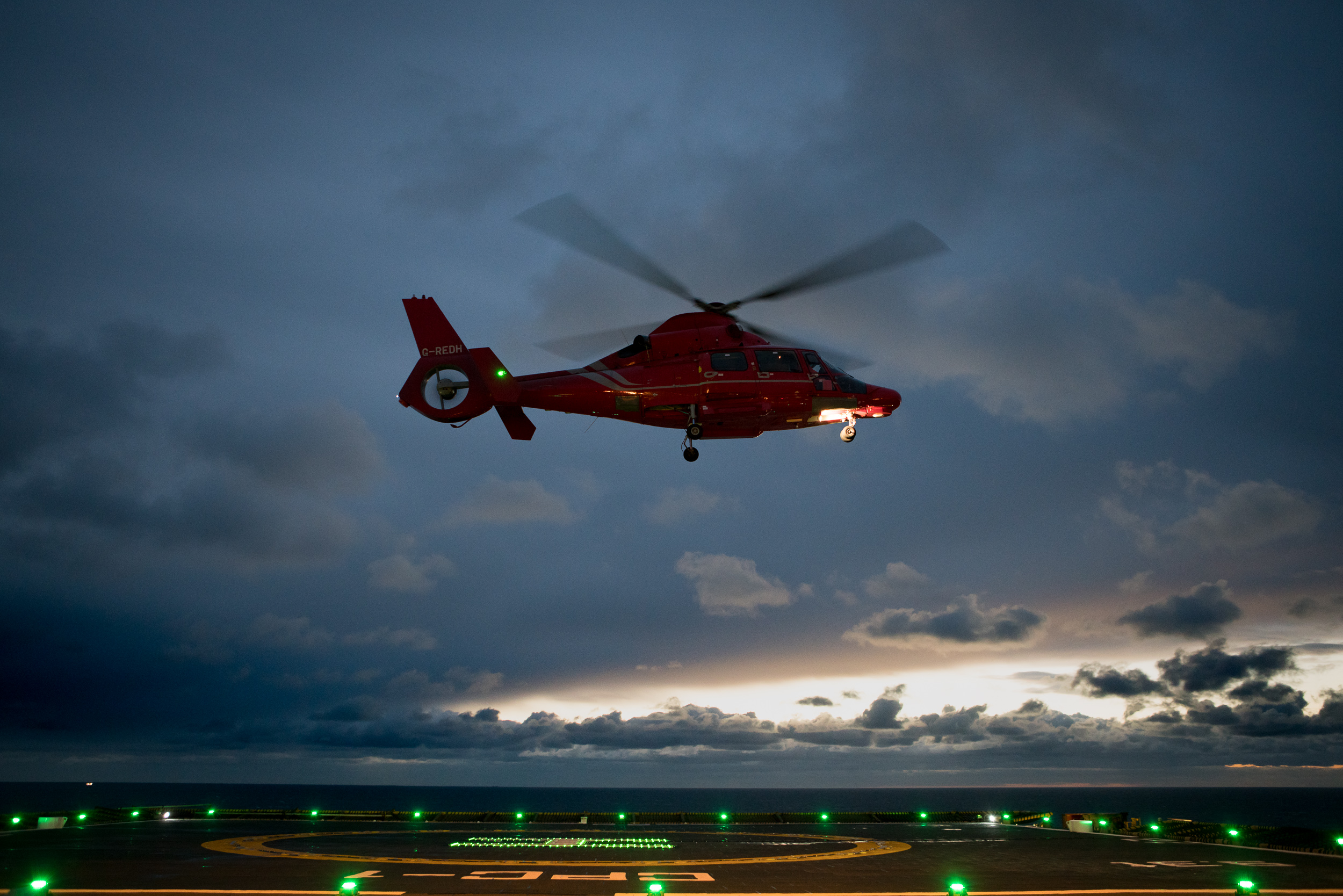 Helicopter above the heli deck of the Morecambe Bay Gas Rig CP1